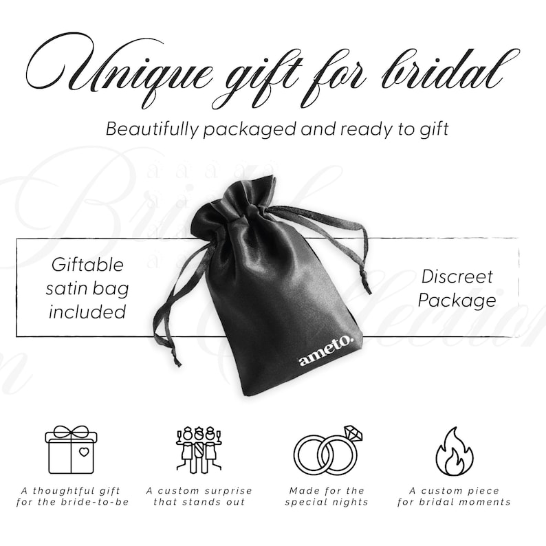 May include: A black satin gift bag with drawstring closure, featuring the brand name "ameto." The image includes text that reads "Unique gift for bridal" and "Giftable satin bag included."