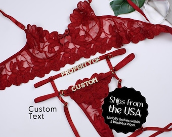 Custom Lingerie • Bra and Panty Set • Custom Name Thong • Personalized Thong • Bridal Lingerie • Anniversary Gifts for Him