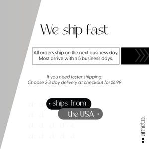 May include: White background with the text "We ship fast" in a stylish font. Additional text states orders ship next business day and arrive within 5 days. The image also says "ships from the USA."