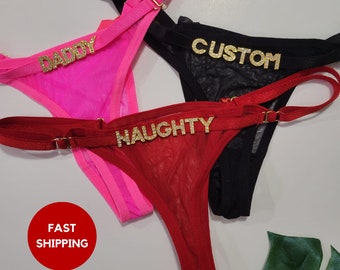 Custom Thong • Personalized Name Thong With Gold Charm Letters • See-Through Panties • Bikini • Couple Gift • Bachelorette Gift