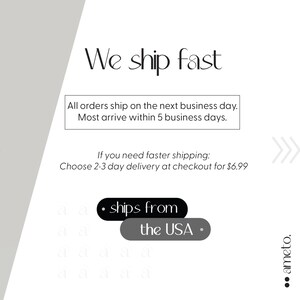 以下が含まれることがあります： 「We ship fast」のテキストが入った白い背景。追加のテキストは、注文が翌営業日に発送され、5営業日以内に到着することを示しています。画像には、製品が米国から発送されることも記載されています。