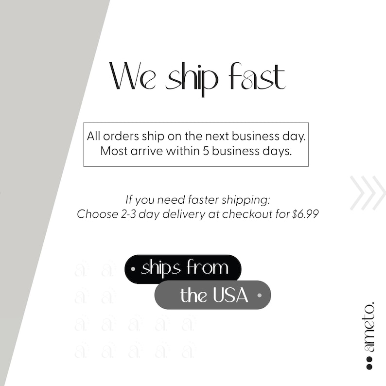 以下が含まれることがあります： 「We ship fast」のテキストが入った白い背景。追加のテキストは、注文が翌営業日に発送され、5営業日以内に到着することを示しています。画像には、製品が米国から発送されることも記載されています。