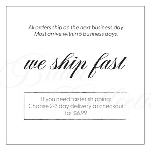 May include: White square graphic with the text "we ship fast" in elegant script. Additional text states orders ship next business day and arrive within 5 days. A smaller box offers faster shipping options.