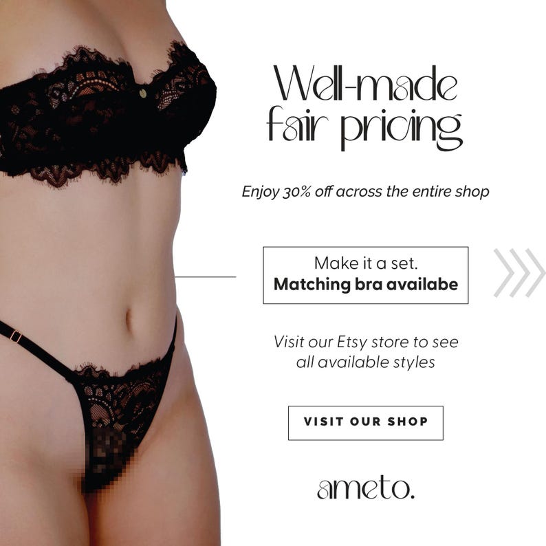 Pode incluir: Conjunto de lingerie de renda preta com suti&atilde; e fio dental. O suti&atilde; tem uma borda ondulada e o fio dental tem um design delicado. A imagem inclui o texto: "Well-made fair pricing" e "Matching bra available."
