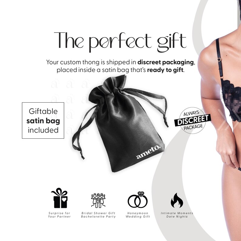 May include: A black satin drawstring bag with the word "ameto" printed on it. The text "The perfect gift" is at the top. The bag is labeled "Giftable satin bag included". Icons suggest the item is for a surprise, bridal shower, honeymoon, or intimate moments.