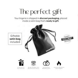 May include: A black satin drawstring bag with the brand name "ameto." The text "The perfect gift" is at the top. The image includes icons for a surprise gift, bridal shower, honeymoon, and intimate moments.