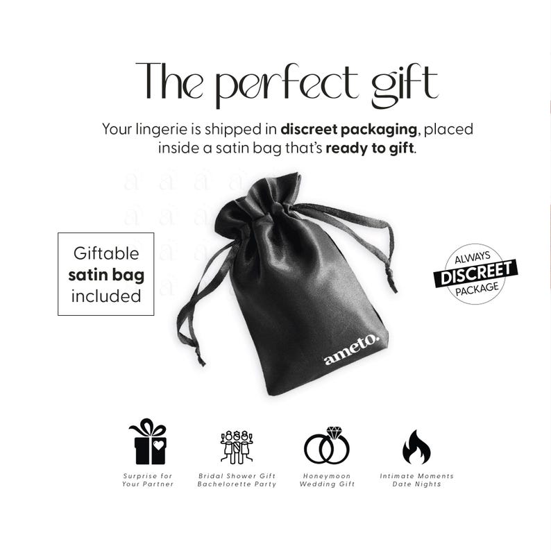 May include: A black satin drawstring bag with the brand name "ameto." The text "The perfect gift" is at the top. The image includes icons for a surprise gift, bridal shower, honeymoon, and intimate moments.