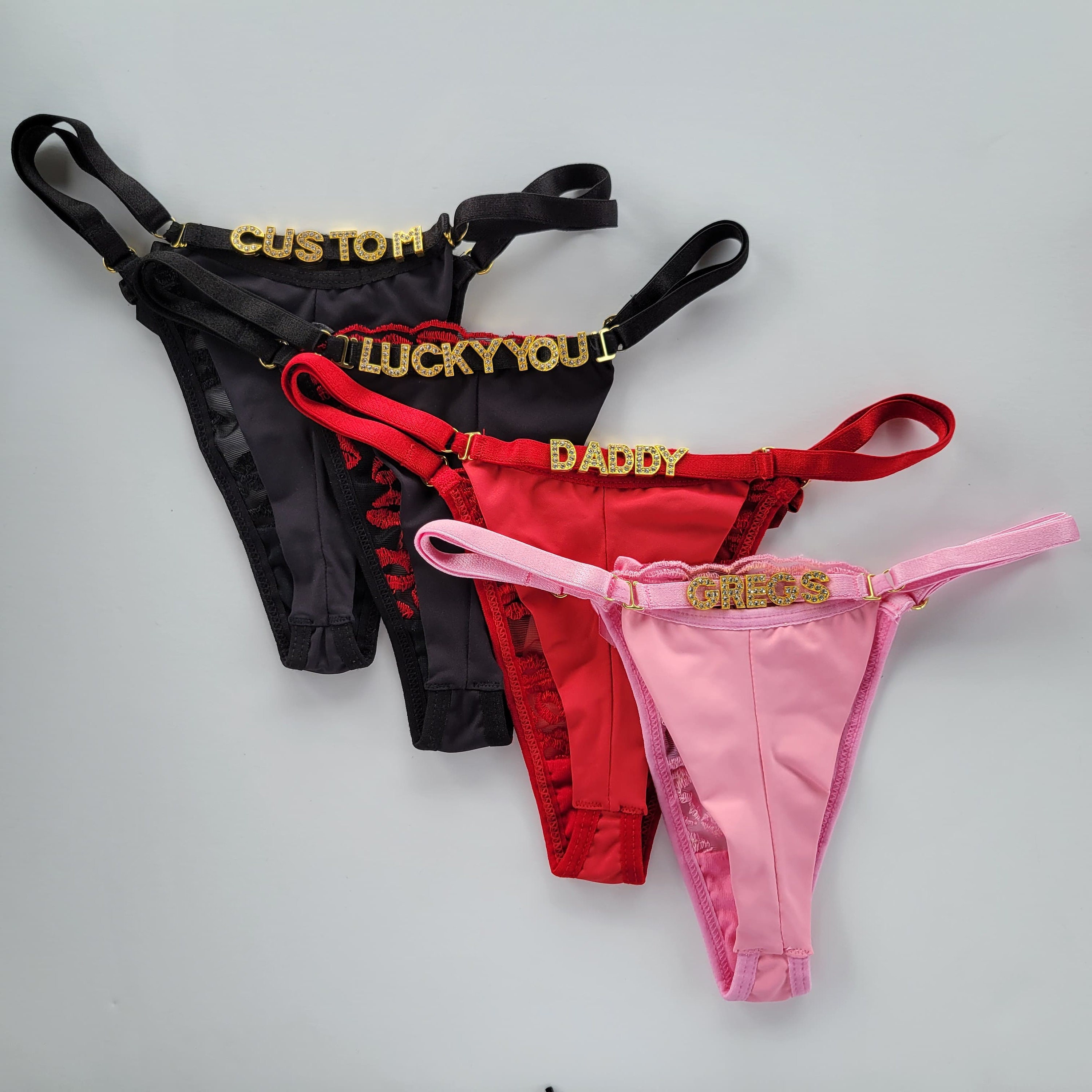 CUM SLUT Rhinestone Custom Message Gift Red Bow Lace Sexy Thong Panty  Underwear