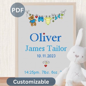 Baby Boy Cross stitch pattern, Baby Birth Announcement, Custom Name Embroidery Hoop, Nursery Decor