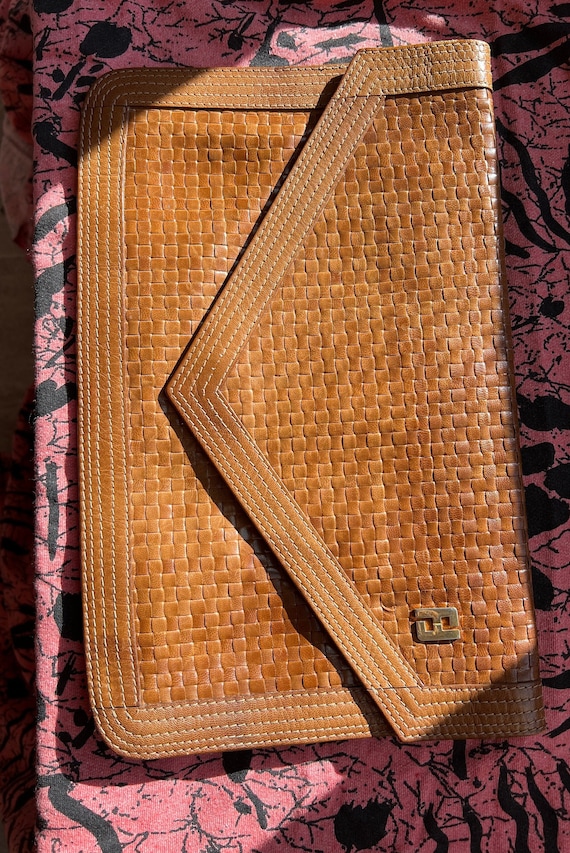 Vintage FENDI WOVEN LEATHER Clutch with Goldtone H