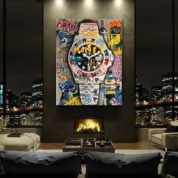 Banksy Style Rolex Times is Money Pop Art Canvas, Banksy Graffiti Artwork Poster, Luxury Decor, Air Jordan, Lamborghini Art,Banksy Poster