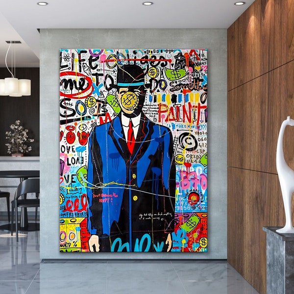 Banksy Style Rene Magritte Son of Man Pop Art Poster, Druck, Gehirnwäsche Geld Pop Art Geld Graffiti Wandkunst, Rene Magritte Leinwand, für Geschenk