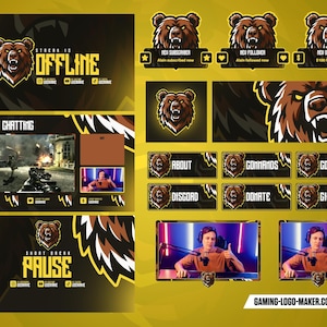 Puede incluir: Una superposición de transmisión de Twitch amarilla y negra con un logotipo de oso. La superposición incluye secciones para "Just Chatting", "About", "Commands", "Contact", "Discord", "Donate", "Giveaway" y "Pause".