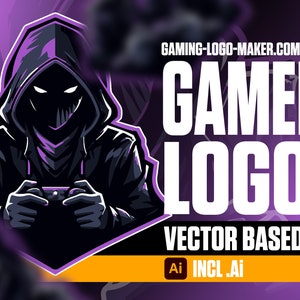 Może przedstawiać: Fioletowo-czarne logo gracza z postacią w kapturze trzymającą kontroler do gier wideo. Tekst "GAMER LOGO" jest biały, a tekst "VECTOR BASED INCL .AI" jest żółty.
