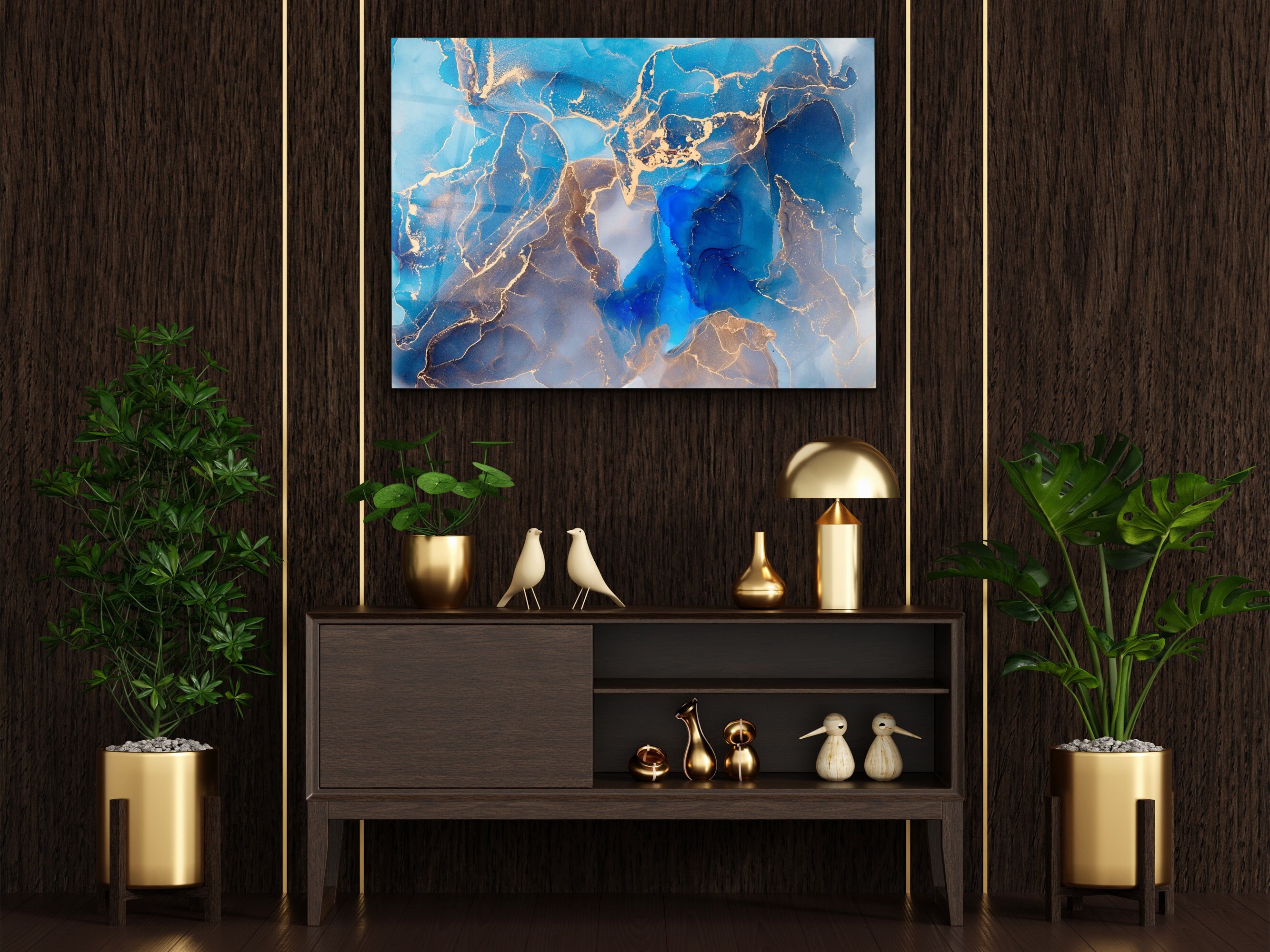 Blue Marble Glass Wall Artmega Size Panoramic Printabstract Wall Art