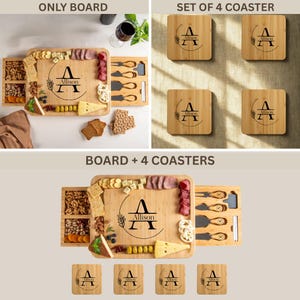 May include: Bamboo serving board and coasters set. The board features a personalized design with the name "Allison" and a large initial. The set includes a board with compartments for snacks and a set of four square coasters.