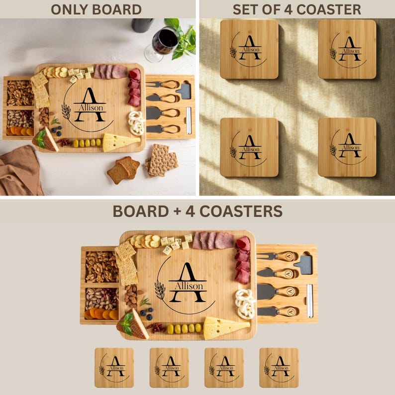 May include: Bamboo serving board and coasters set. The board features a personalized design with the name "Allison" and a large initial. The set includes a board with compartments for snacks and a set of four square coasters.