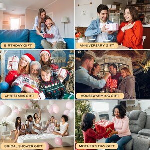 May include: A collage of six images depicting gift-giving occasions. The images include text labels: "BIRTHDAY GIFT," "ANNIVERSARY GIFT," "CHRISTMAS GIFT," "HOUSEWARMING GIFT," "BRIDAL SHOWER GIFT," and "MOTHER'S DAY GIFT."