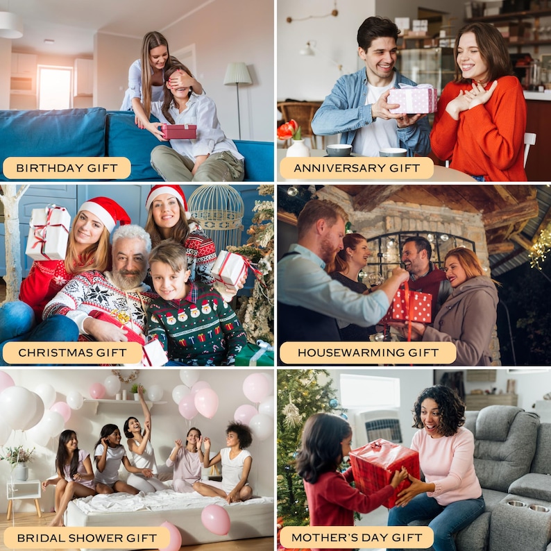 May include: A collage of six images depicting gift-giving occasions. The images include text labels: "BIRTHDAY GIFT," "ANNIVERSARY GIFT," "CHRISTMAS GIFT," "HOUSEWARMING GIFT," "BRIDAL SHOWER GIFT," and "MOTHER'S DAY GIFT."