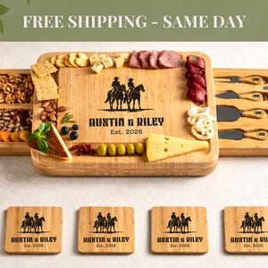 May include: A bamboo charcuterie board set with a serving board, cheese knives, and four coasters. The board is engraved with a cowboy and cowgirl silhouette and the text "Austin & Riley Est. 2026". The board is filled with snacks.