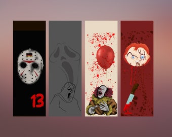 May include: Four horror movie themed bookmarks. The first bookmark is black with a white hockey mask and the number 13. The second bookmark is grey with a white ghost face. The third bookmark is beige with a red balloon and a clown. The fourth bookmark is red with a bloody knife and a doll's head.