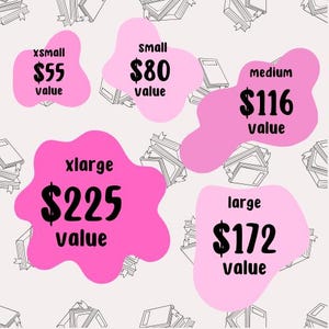 May include: Pink blobs with text indicating sizes: xsmall, small, medium, large, and xlarge. Each blob has a dollar amount and the word "value" in black text. The background has a pattern of sketched books.