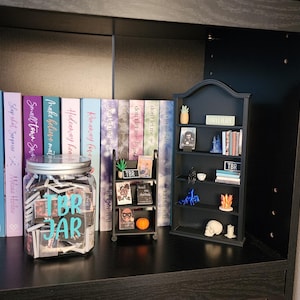 Puede incluir: Una estantería de madera oscura con varios objetos. Un tarro de cristal con la etiqueta "TBR JAR" está lleno de papeles. Libros con lomos coloridos bordean la estantería. Una pequeña estantería negra exhibe objetos en miniatura, incluyendo una piña y una calavera.