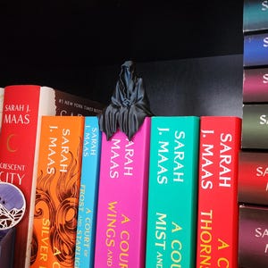 Könnte beinhalten: Ein Bücherregal mit farbenfrohen Büchern von Sarah J. Maas. Auf den Buchrücken sitzt eine dunkelgraue Figur. Die Bücher tragen Titel wie "Crescent City", "A Court of Silver Flames" und "A Court of Thorns and Roses".