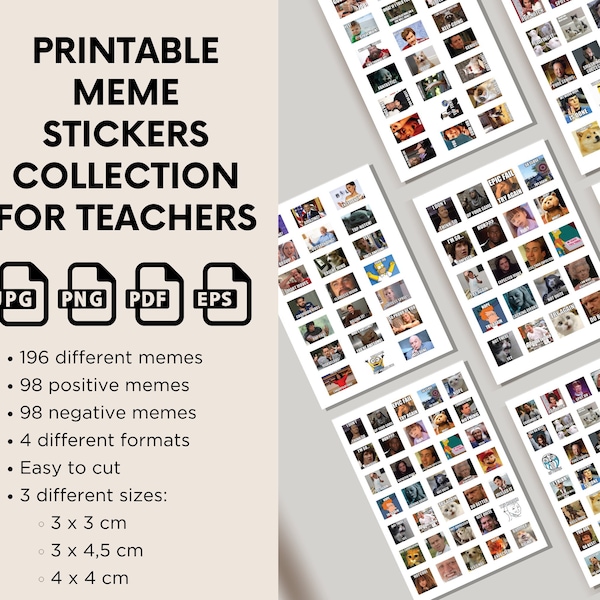 Printable Meme Sticker Collection for Teachers, 198 pcs. Teachers Reaction Stickers, Grading Meme Stickers, Printable Stickers. A4 size