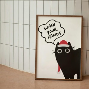 Funny Black Cat Christmas Bathroom Print: Holiday Wall Art (Digital Download)
