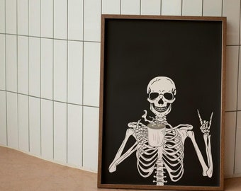 Skeleton Drinking Coffee Halloween Art Print (Digital Download)
