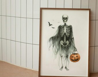 Aquarell Halloween Skelett Kunstdruck: Halloween Dekor (Digitaler Download)