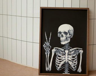 Watercolor Skeleton Peace Sign Print: Spooky Halloween Decor (Digital Download)