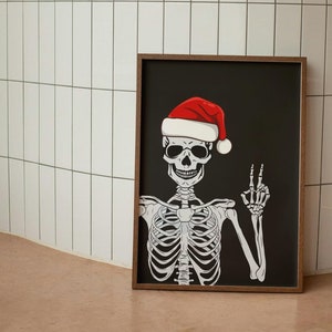 Christmas Skeleton Poster, Skeleton with Santa Hat Print, Skeleton Peace Sign, Goth Christmas Decor, Printable Wall Art, Funny Holiday Decor