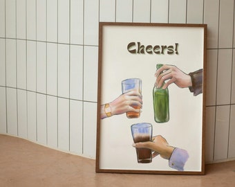 Cheers Bar Cart Print: Retro Kitchen Art (Digital Download)
