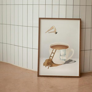Póster impreso de Coffee Diver, póster de café de buenos días, regalo para amantes del café, arte de pared de estación de café, arte de pared de cocina de moda, descarga digital