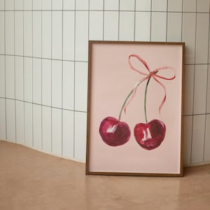 Cherry Wall Art Print, afdrukbare vrouwelijke poster, roze strik zacht meisje slaapkamer decor, esthetische trendy muurkunst, download print Cherry Wall Art
