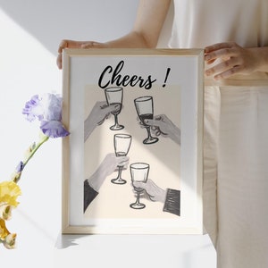 Barwagen print, cheers print, barwagen decor, retro keuken muurkunst, barwagen kunst, moderne handgetekende drankje print, afdrukbare muurkunst