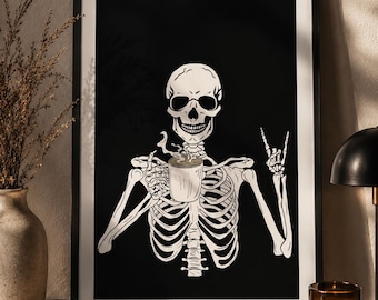 Szkielet pijący kawę – wydruk artystyczny na Halloween (pobranie cyfrowe)