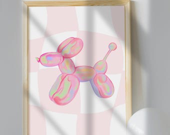 Impresión retro de globo de perro: Arte holográfico rosa de los años 70 (Descarga digital)