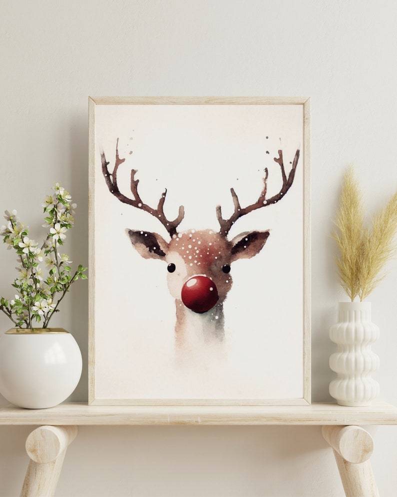 Rudolph Reindeer Watercolor Print: Christmas Holiday Art (instant ...