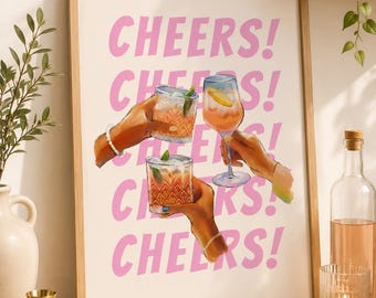Pink Cheers Drink Art Print: Retro Bar Cart Decor (Digital Download)