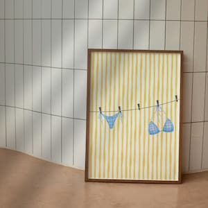 Bikini Print Blue Beachy Wall Art, Beach Aesthetic Poster, Summer Digital Print, Bikini on Clothesline Trendy Wall Art, Preppy Print
