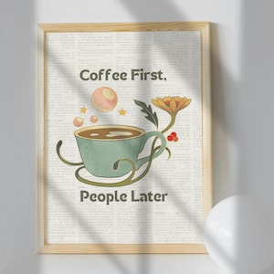 Coffee First, sztuka ścienna retro, wydruk na wózku kawowym, wystrój dla miłośników kawy, modny plakat retro, maksymalistyczna sztuka ścienna do pobrania natychmiast wystrój kuchni