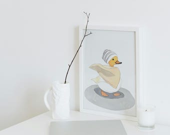 Lámina artística de un pato divertido en el baño, ilustración animal (descarga digital)
