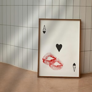 Playing Card Wall Art, Ace of Hearts Print, Trendy Girly Retro Kiss Lips, Femme Fatale Print, Apartment Aesthetic, Instant Download