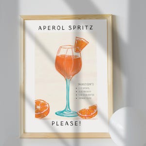 Aperol Spritz Art Print, barwagen decor cocktail poster, handgetekende keuken print, vintage cocktail print, vintage cocktail schets kunst