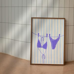 Bikini Print Blue Beachy Wall Art, Minimalist Bikini Line Art Print, Coastal Aesthetic Poster, Summer Digital Wall Art, Preppy Print