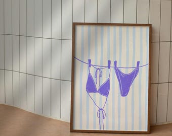 Minimalistyczny wydruk artystyczny z linią bikini, niebieska dekoracja ścienna w stylu nadmorskim (pobranie cyfrowe)