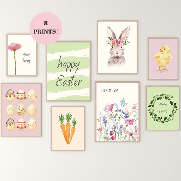 Ostern druckbare Wand Kunst Bundle, 8er-Set Frühling Wohndekor, minimalistische Galerie Wandkunst, Ostern Drucke digitaler Download, Osterei Kunst